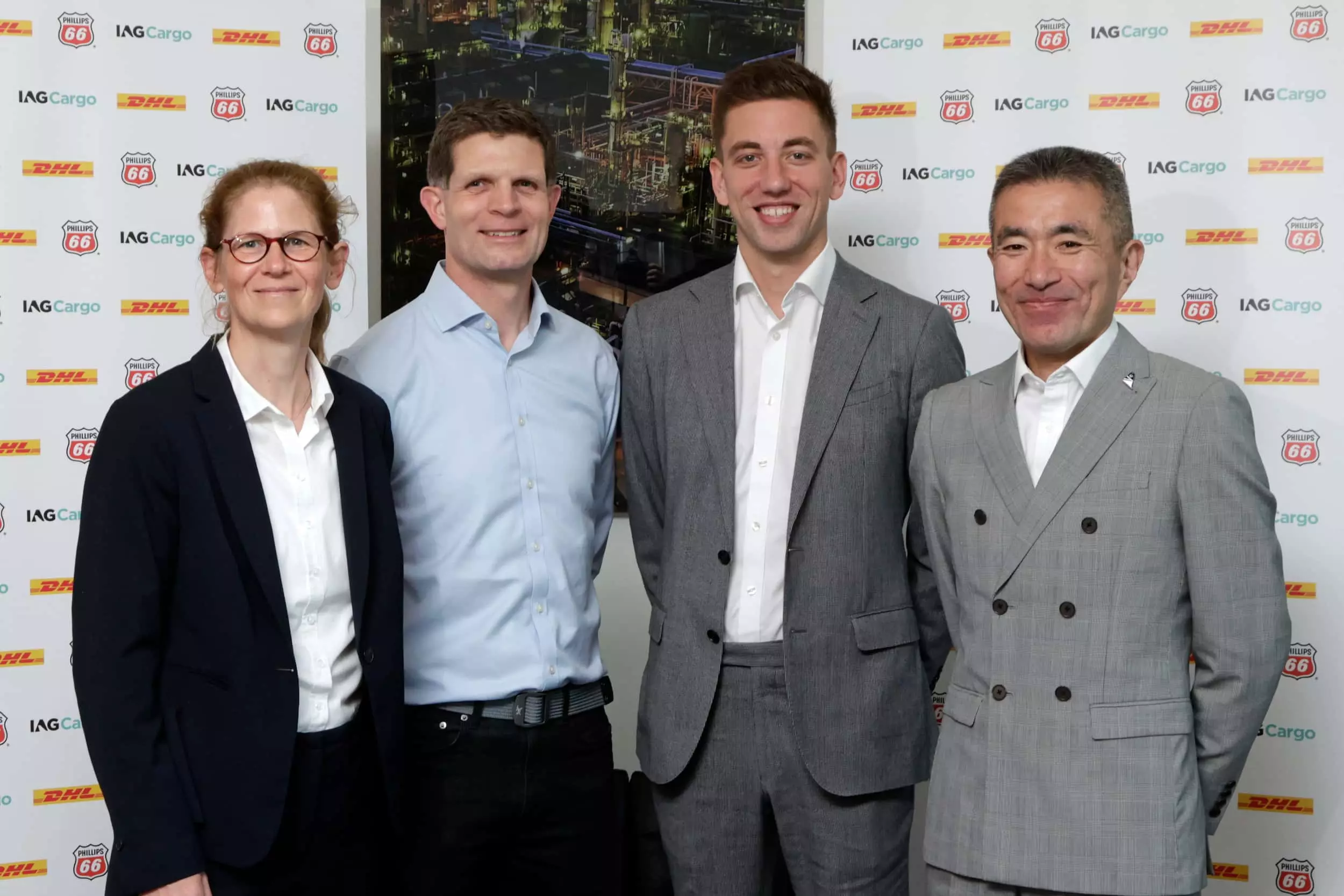 (From left): Kathrin Brost, Global Head, GoGreen, DHL Global Forwarding; Simon Holt, Manager, Emerging Energy Europe, Phillips 66, David Rose, Director, London Hub Operation, IAG Cargo and Koji Miyazaki, Global Key Account Manager, IAG Cargo