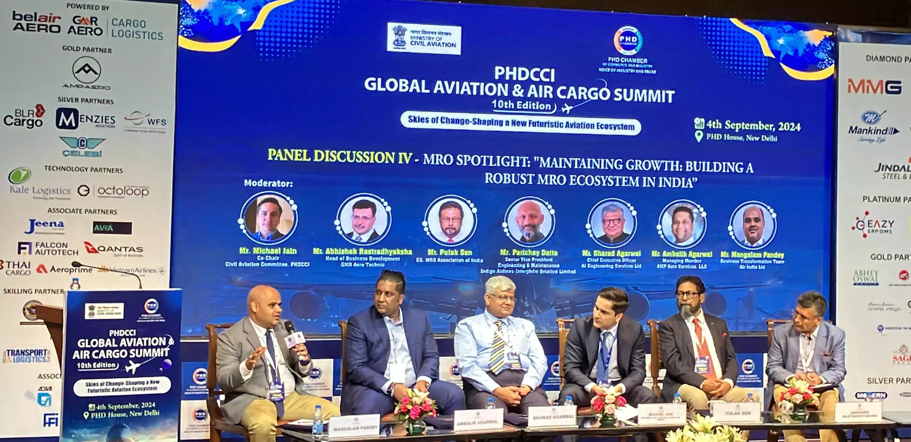 (L-R): Mangalam Pandey, Air India; Ambalik Agarwal, AMP Aero Services; Sharad Agarwal, AI Engineering Service; Michael Jain, PHDCCI; Pulak Sen, MRO Association of India; Abhishek Rastradhyaksha, GMR Aero Technic.