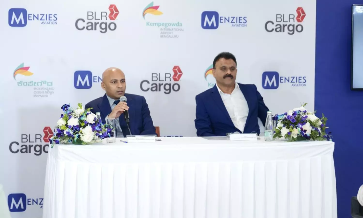 Satyaki Raghunath, COO of BLR Airport, and Anil K, CEO of Menzies Aviation, interacting with the media