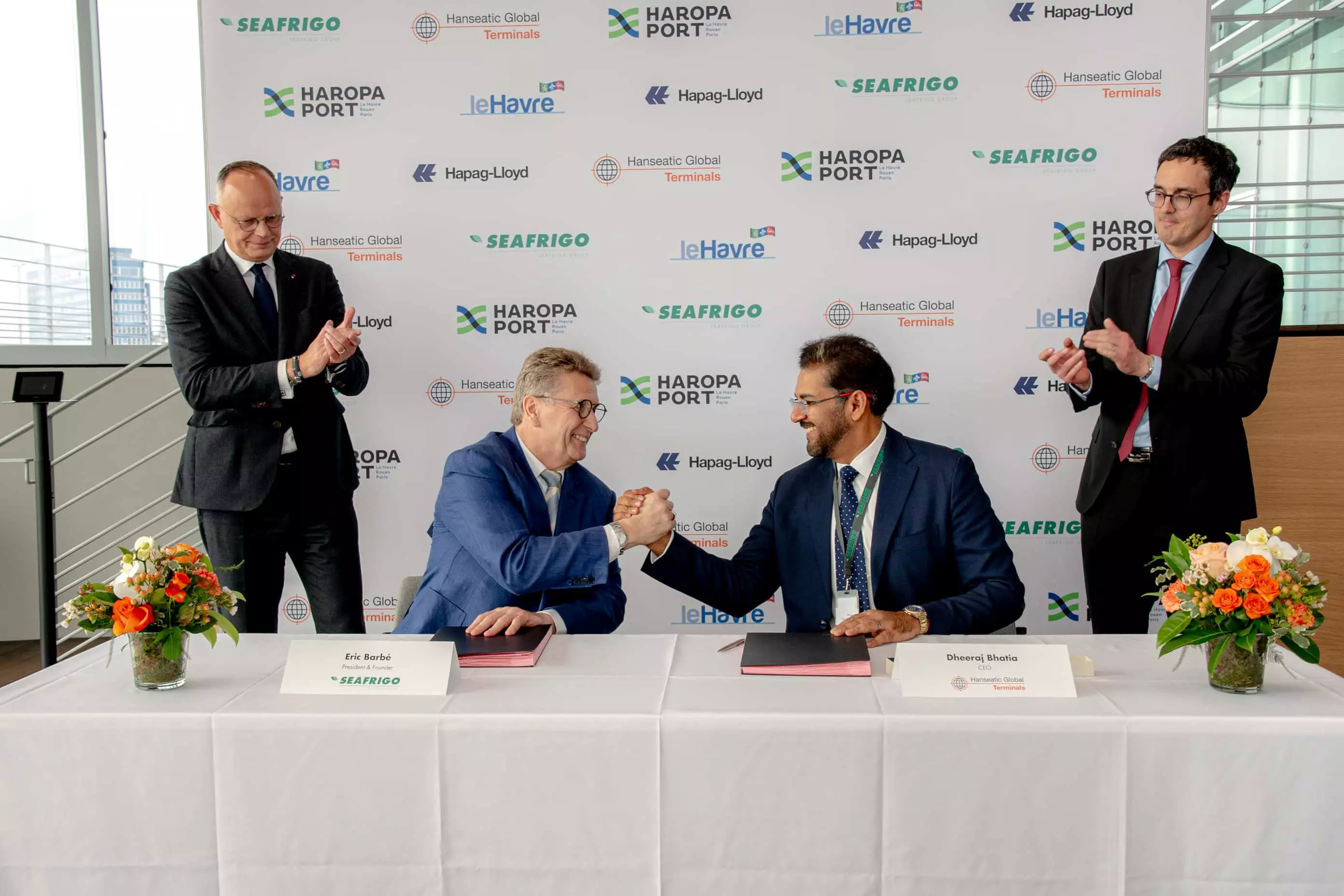 (From left): Eric Barbé, President, Seafrigo Group and Dheeraj Bhatia, CEO, Hanseatic Global Terminals signing the deal. Photo Credit: Ellen Barboza